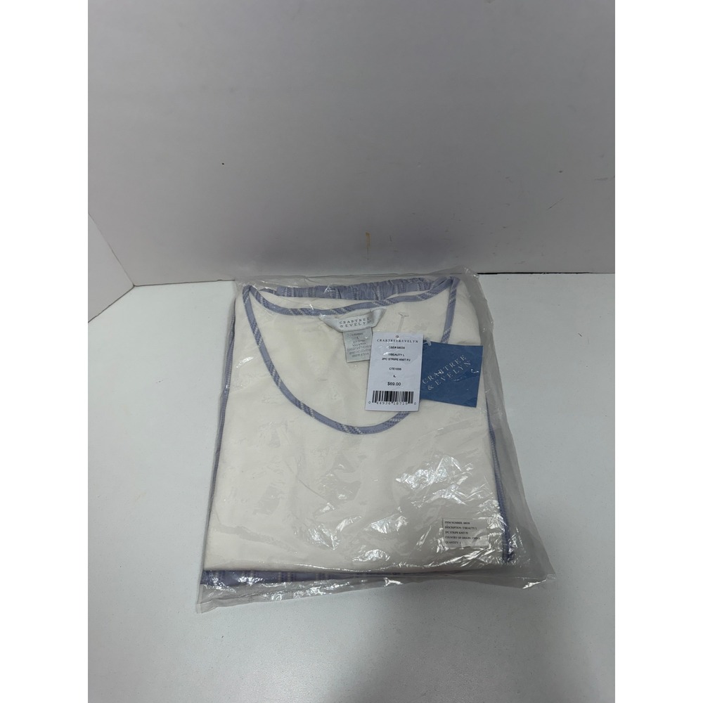 Crabtree & Evelyn Womens 2PC Stripe Knit‎ Pajama Set White Blue Cotton Large NEW